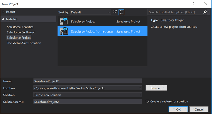 Creating a new Salesforce project from source in The Welkin Suite IDE